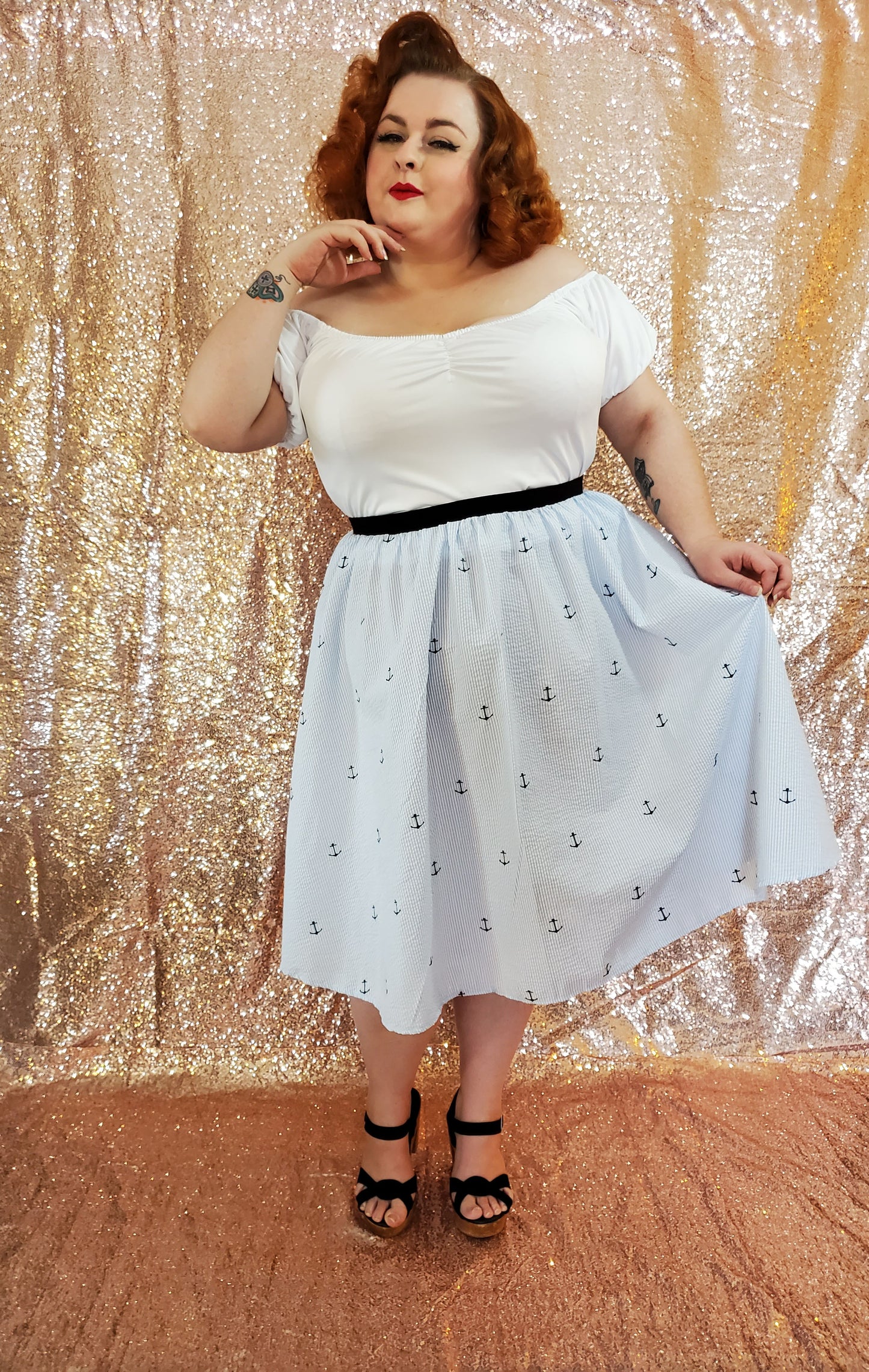 Edna Skirt - Anchor Print Seersucker - Retro Peaches